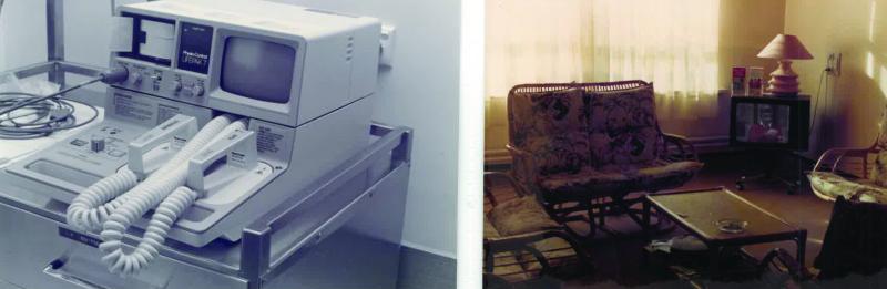 defib machine and 1980s waiting room