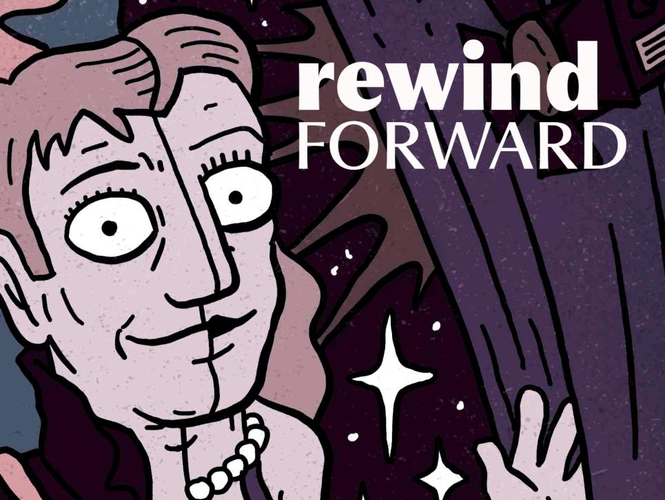 Illustration by Sam Wallman of a person's face. With the text rewind forward.