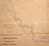 Figure 2: Frederick Byerley’s survey of the Boort pre-emptive right in 1857 marked in pink, which includes both sides of Kinypanial Creek. The yellow line shows the new pre-emptive allotment surveyed by Frederick Harding in 1862, with the right bank of the creek forming the boundary. PROV, VPRS 8168, Historic Plan Collection, P0007, PR: L41, Boort: Lake Boort.
