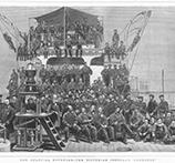 Figure 4: This engraving (top) was created from a photograph taken onboard the Cerberus, 18 February 1878. Captain Mandeville is in the centre of the three men in the front row (see detail bottom). Mandeville had been appointed commander of the Victorian Colonial Navy in 1877 and the Cerberus had been recently purchased by the Victorian Government. The original caption read: ‘Our colonial defences—The Victorian ironclad “Cerberus”'. Courtesy of Friends of the Cerberus Inc.